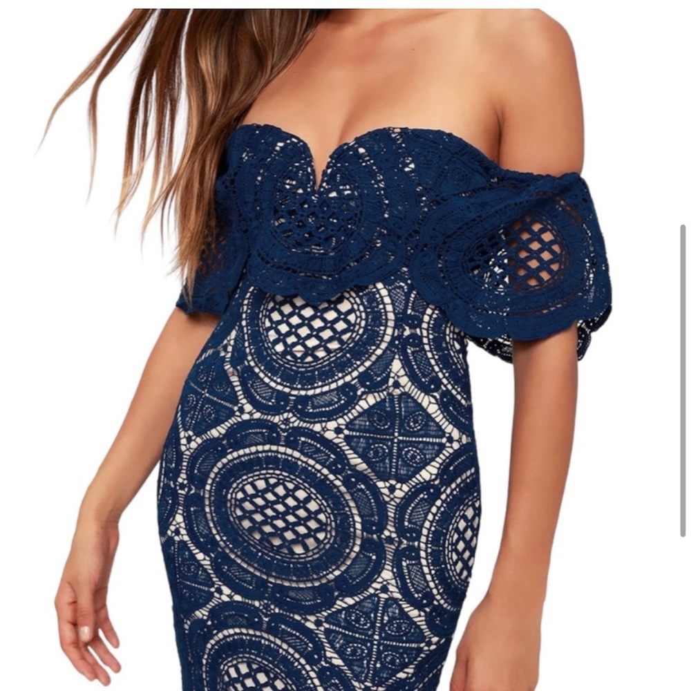 Lulus Bellisimo Elegant Navy Lace Off-Shoulder Dress